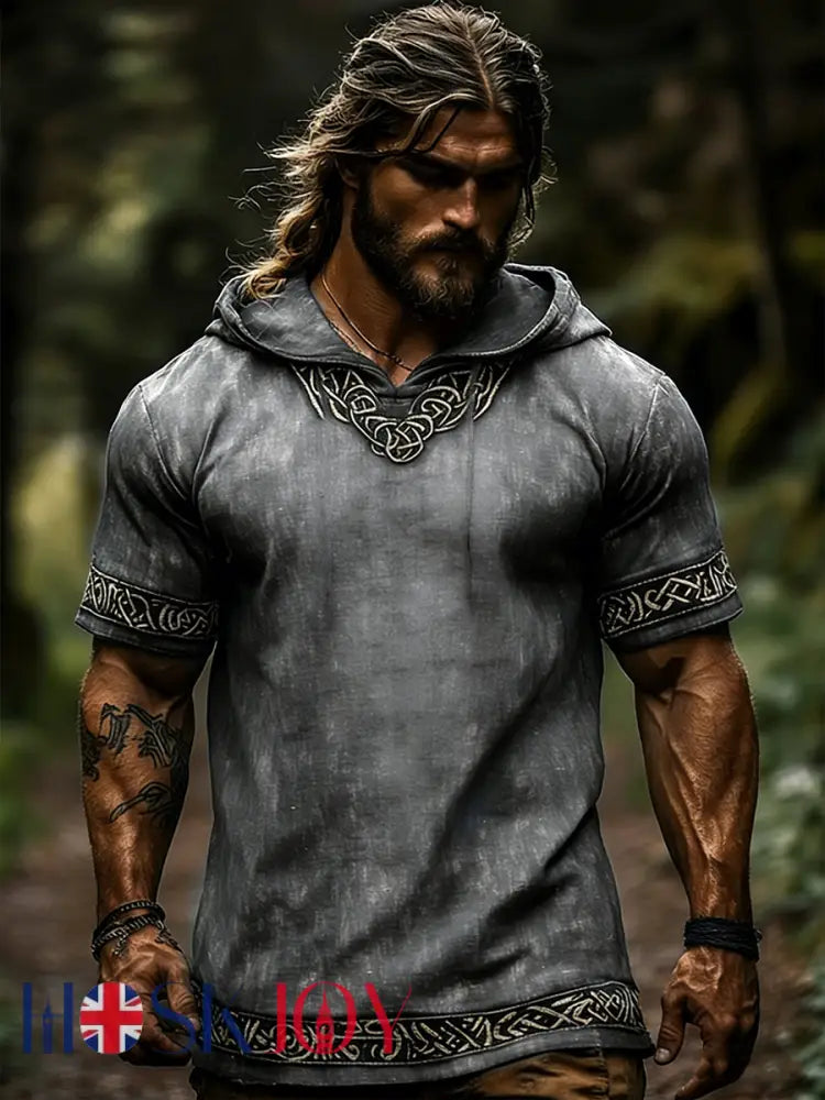 Men’s Celtic Retro Hooded Short Sleeve T-Shirt - Gray / S