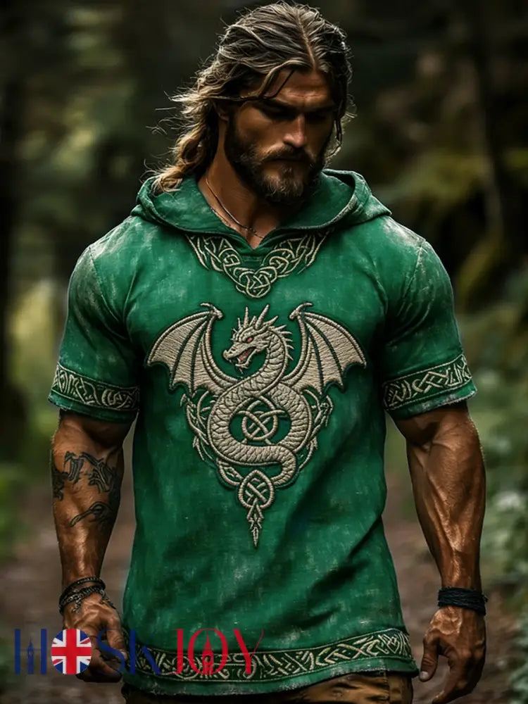 Men’s Celtic Retro Hooded Short Sleeve T-Shirt - Green / S