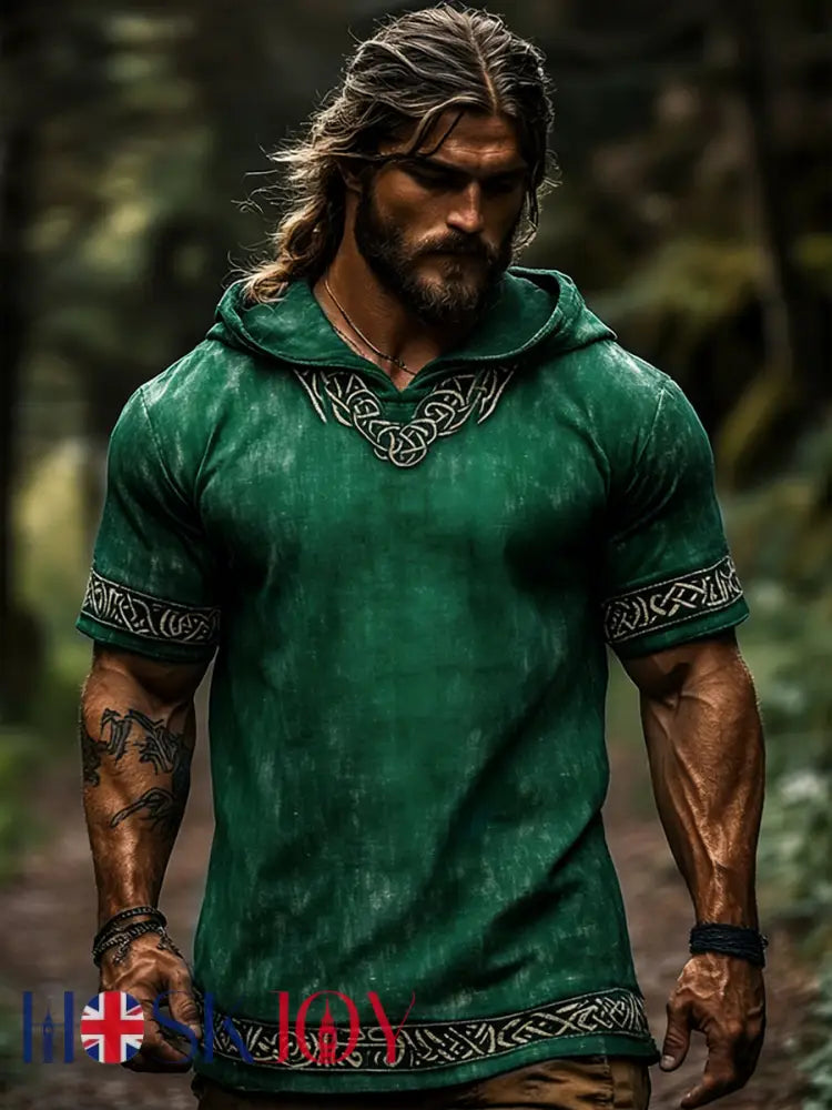 Men’s Celtic Retro Hooded Short Sleeve T-Shirt - Green / S