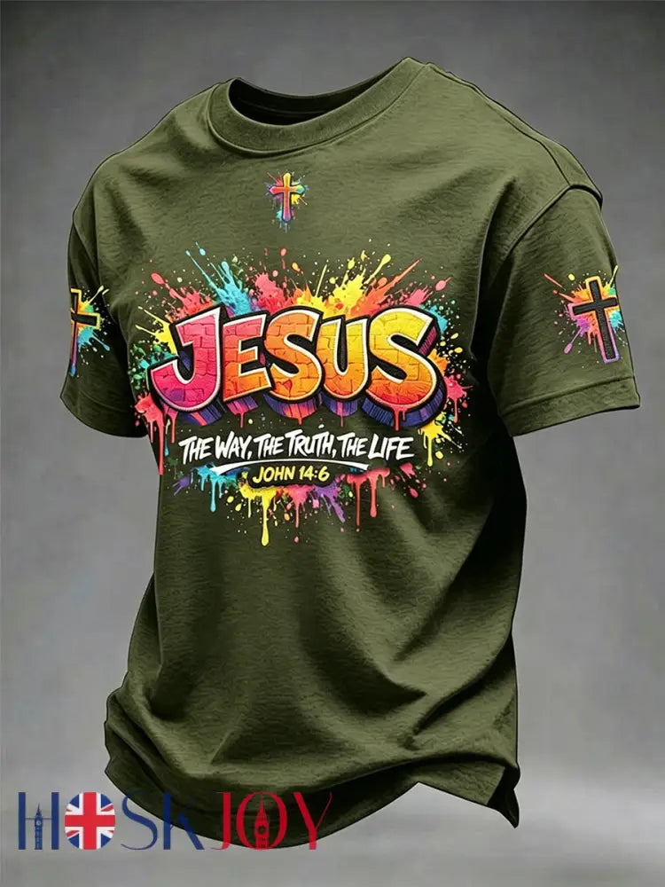 Men’s Christian Jesus Cross Short Sleeve T-shirt - Army Green / S