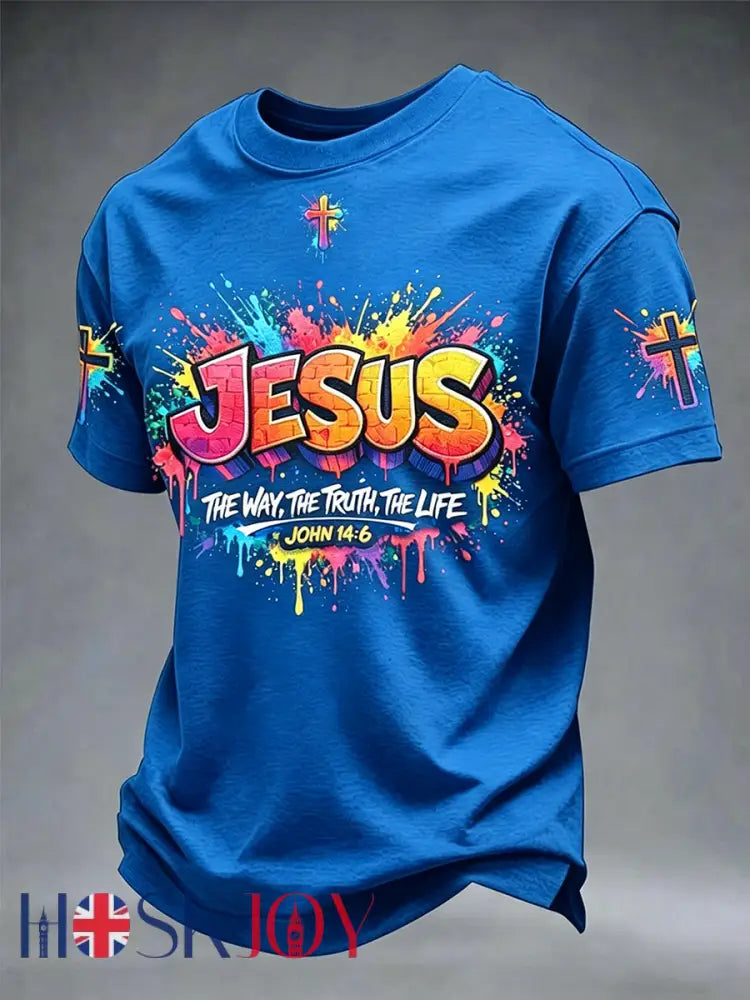 Men’s Christian Jesus Cross Short Sleeve T-shirt - Blue / S
