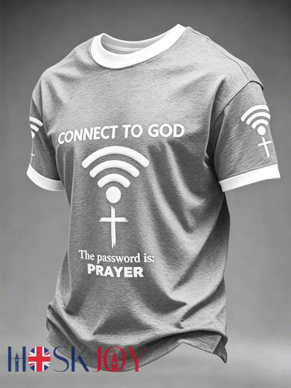 Men’s ’Connect To God,The Password IS Prayer’ Print Casual T-Shirt - Gray / S
