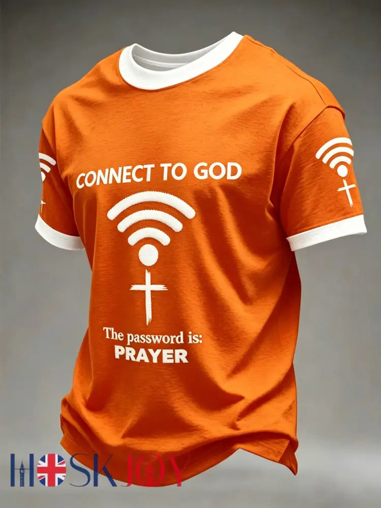 Men’s ’Connect To God,The Password IS Prayer’ Print Casual T-Shirt - Orange / S