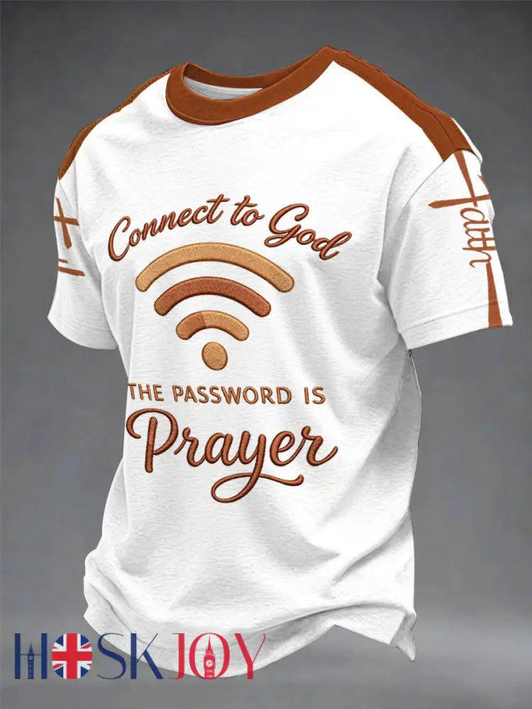 Men’s ’Connect To God,The Password IS Prayer’ Print Casual T-Shirt - White / S