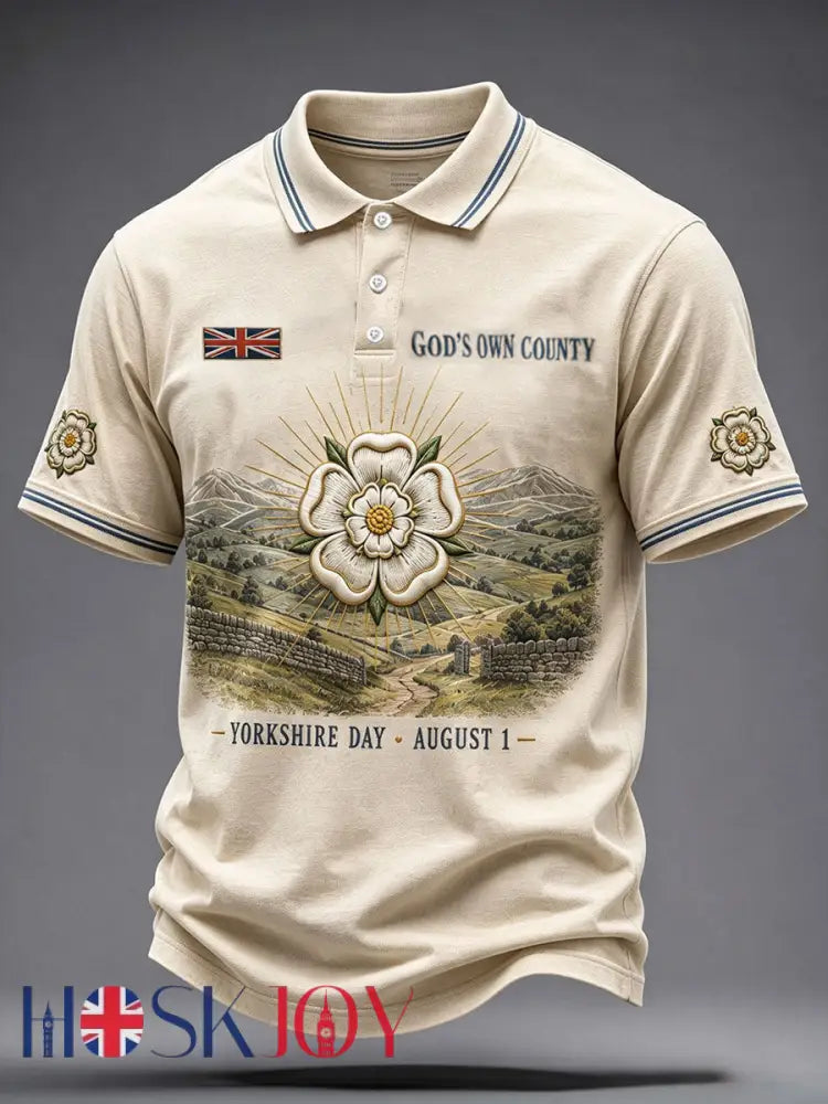 Men’s England Yorkshire Day White Roses Art Printed Casual Tops - Creamy-White / S