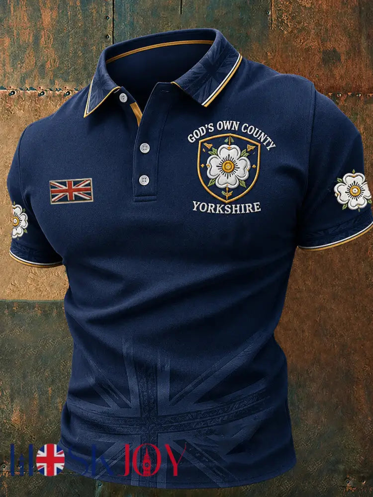 Men’s England Yorkshire Day White Roses Art Printed Casual Tops - Deep Blue / S