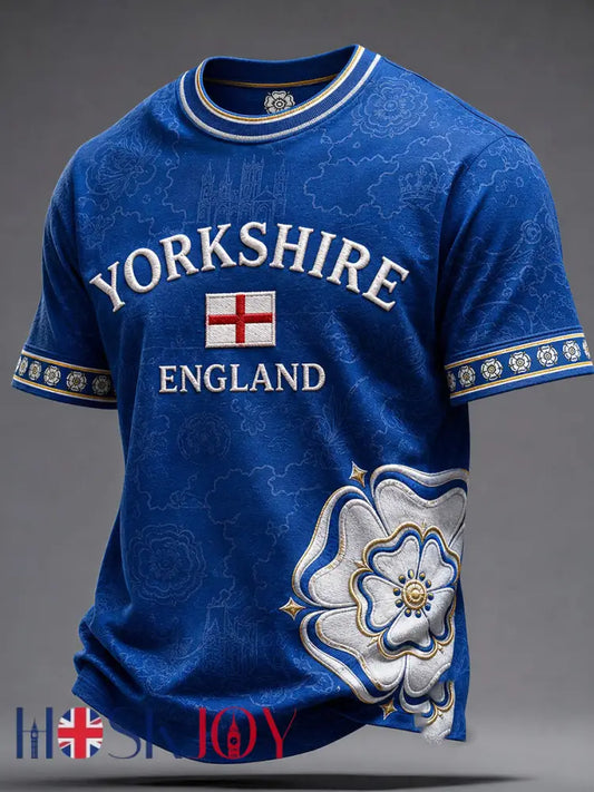 Men’s England Yorkshire Day White Roses Art Printed T-shirt - Blue / S