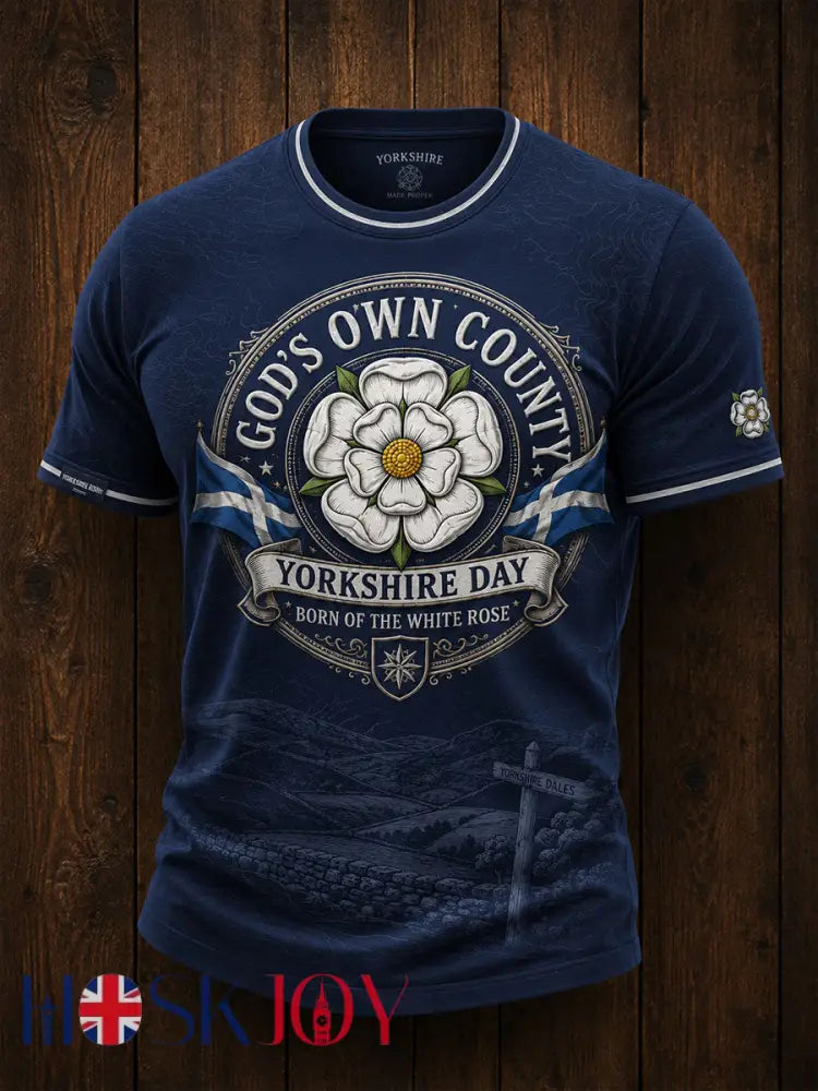 Men’s England Yorkshire Day White Roses Art Printed T-shirt - Deep Blue / S