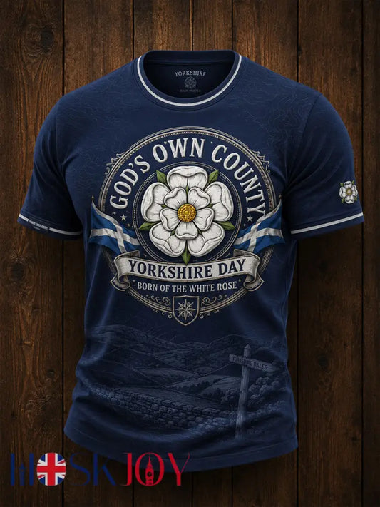 Men’s England Yorkshire Day White Roses Art Printed T-shirt - Deep Blue / S