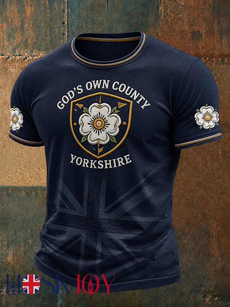 Men’s England Yorkshire Day White Roses Art Printed T-shirt - Deep Blue / S