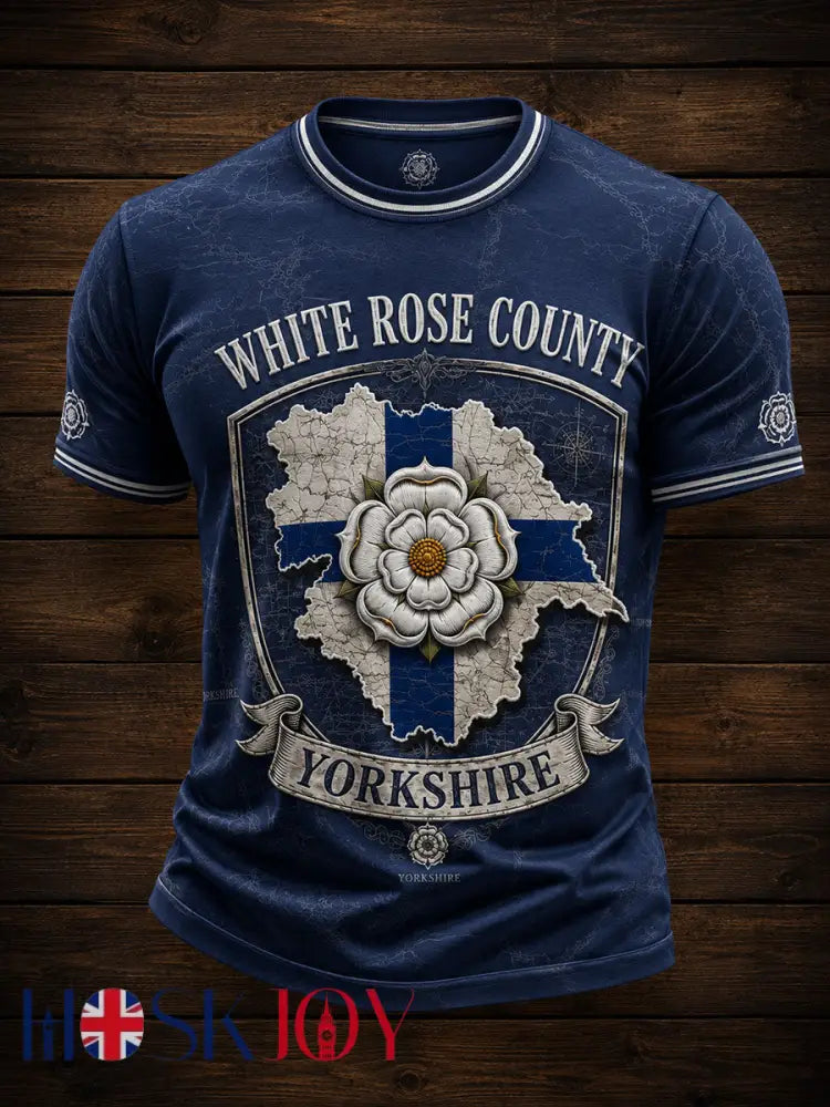 Men’s England Yorkshire Day White Roses Art Printed T-shirt - Deep Blue / S