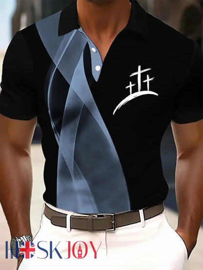 Men’s Faith Cross Printed Casual Button T-Shirt - Blue / S