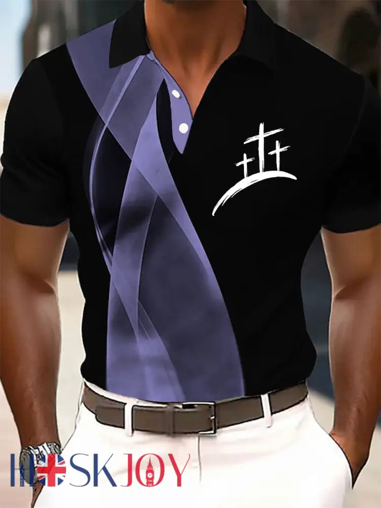 Men’s Faith Cross Printed Casual Button T-Shirt - Purple / S