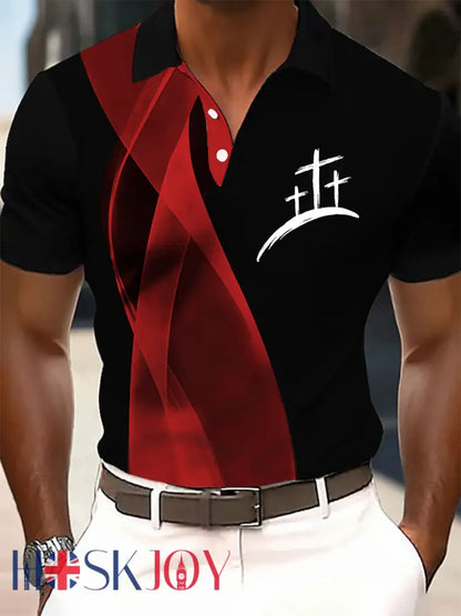 Men’s Faith Cross Printed Casual Button T-Shirt - Red / S