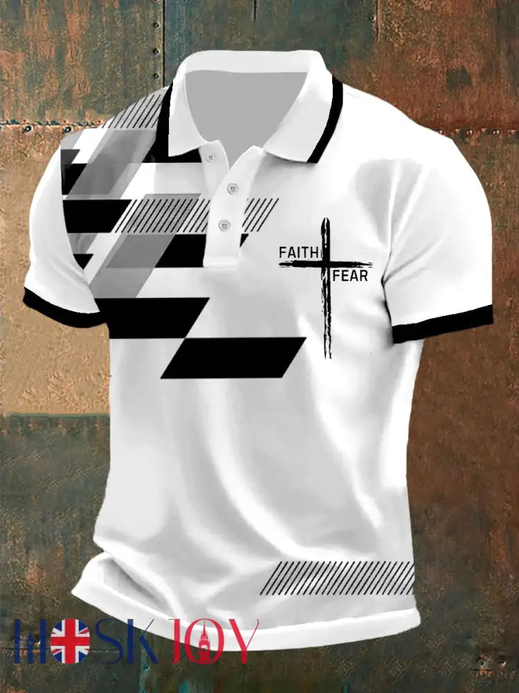 Men’s Faith Over Fear Cross Faith Geometric Print Casual Polo - Black / S