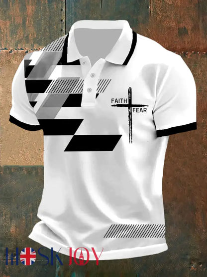Men’s Faith Over Fear Cross Faith Geometric Print Casual Polo - Black / S