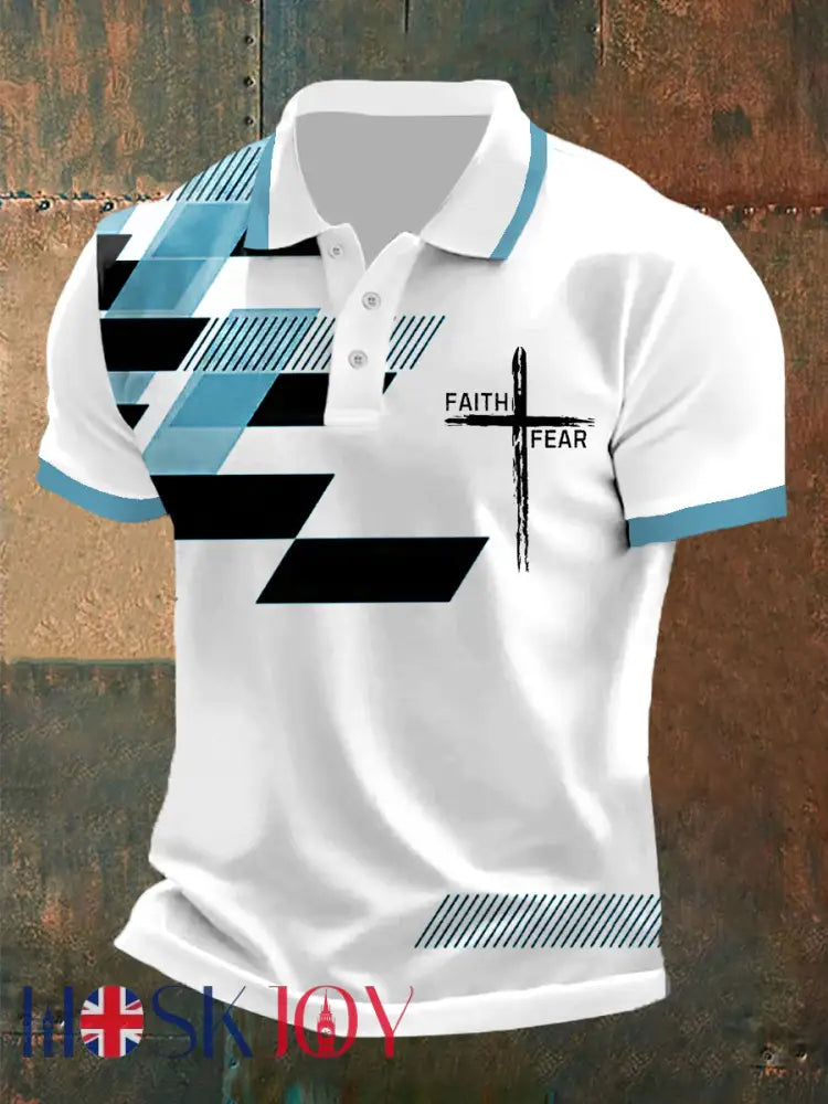 Men’s Faith Over Fear Cross Faith Geometric Print Casual Polo - Blue / S