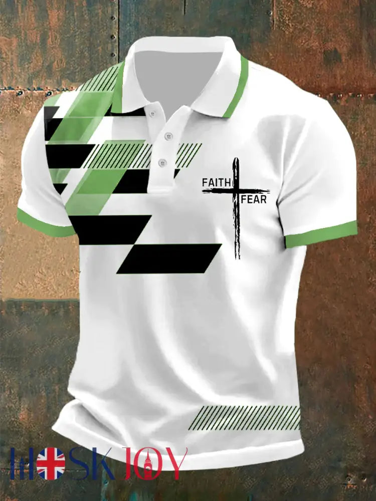 Men’s Faith Over Fear Cross Faith Geometric Print Casual Polo - Green / S