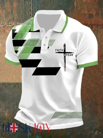 Men’s Faith Over Fear Cross Faith Geometric Print Casual Polo - Green / S