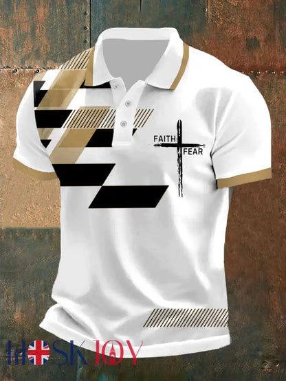 Men’s Faith Over Fear Cross Faith Geometric Print Casual Polo - Khaki / S