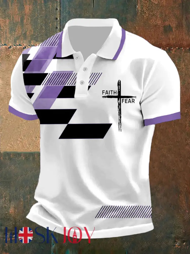Men’s Faith Over Fear Cross Faith Geometric Print Casual Polo - Purple / S