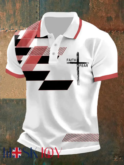Men’s Faith Over Fear Cross Faith Geometric Print Casual Polo - Red / S