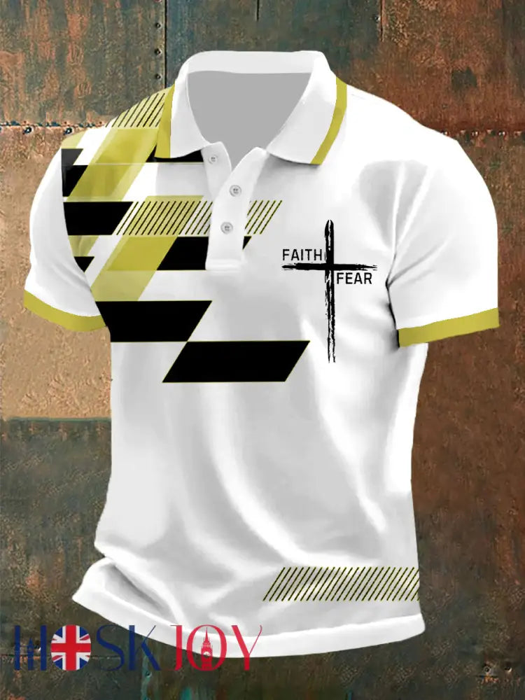 Men’s Faith Over Fear Cross Faith Geometric Print Casual Polo - Yellow / S