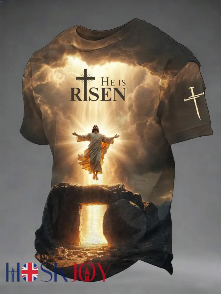 Men’s He Is Risen Easter Jesus Christian Cross Print Casual Tee - As picture / S