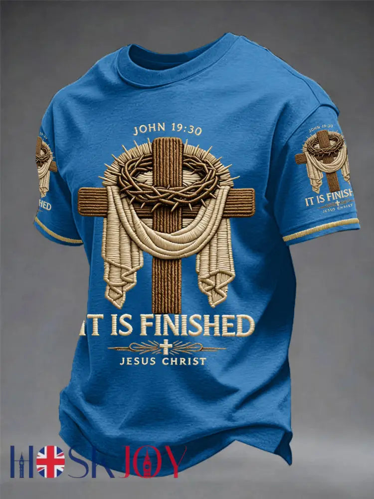 Men’s He Is Risen It’s Finished Easter Jesus Christian Cross Print Casual Tee - Blue / S