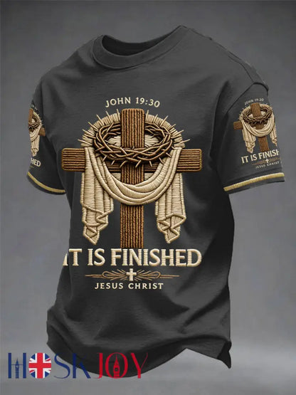 Men’s He Is Risen It’s Finished Easter Jesus Christian Cross Print Casual Tee - Dark Gray / S