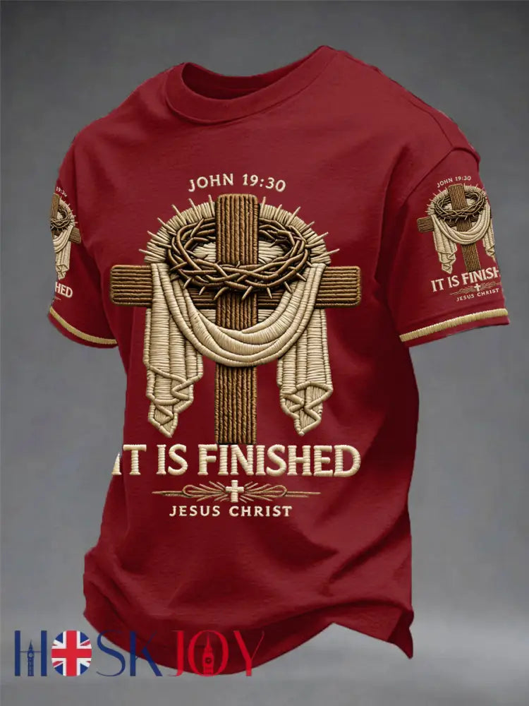 Men’s He Is Risen It’s Finished Easter Jesus Christian Cross Print Casual Tee - Dark Red / S
