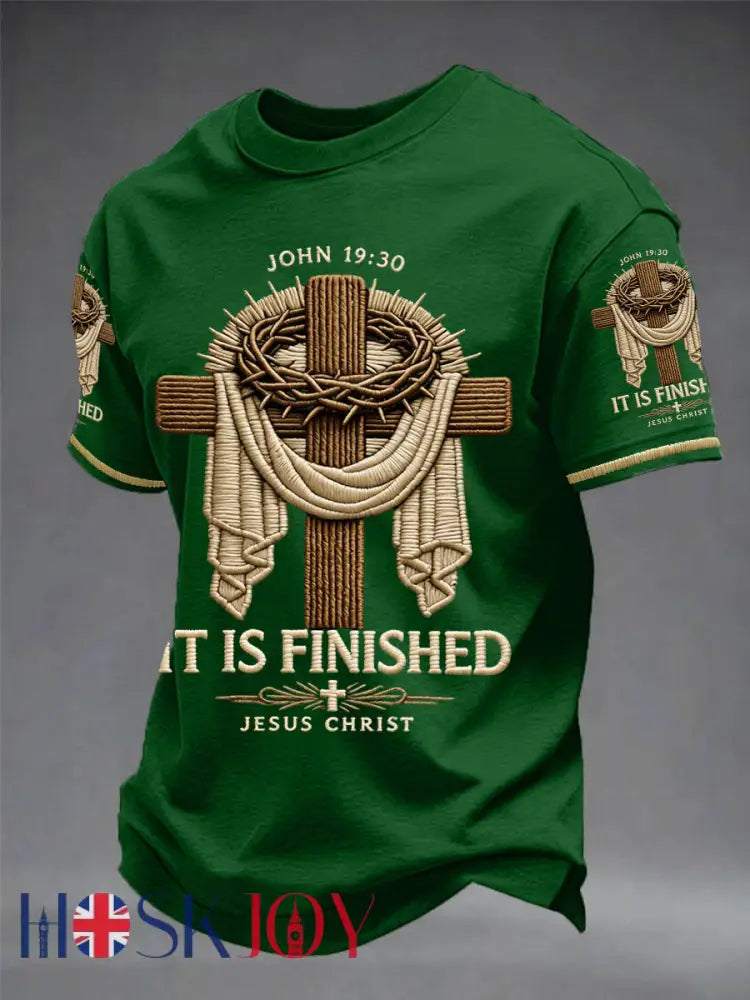 Men’s He Is Risen It’s Finished Easter Jesus Christian Cross Print Casual Tee - Green / S