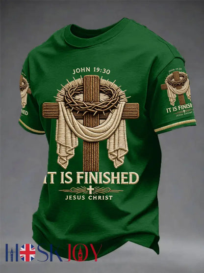 Men’s He Is Risen It’s Finished Easter Jesus Christian Cross Print Casual Tee - Green / S