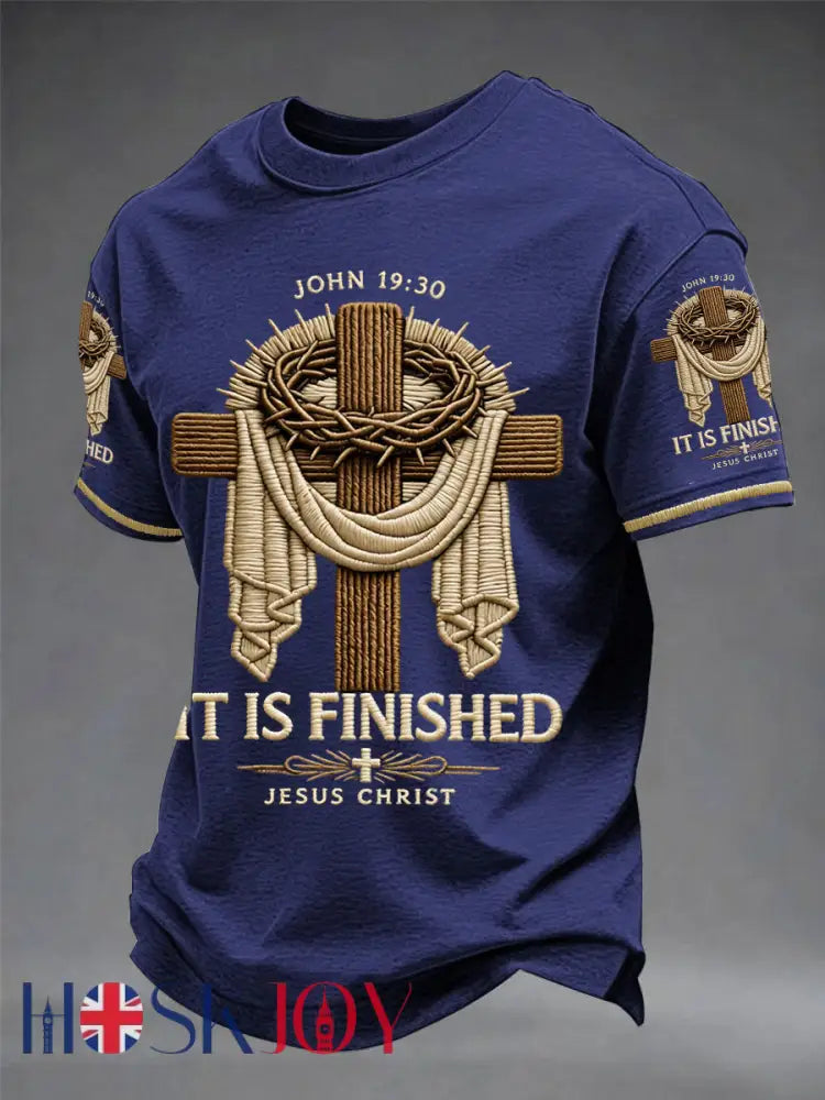 Men’s He Is Risen It’s Finished Easter Jesus Christian Cross Print Casual Tee - Navy Blue / S
