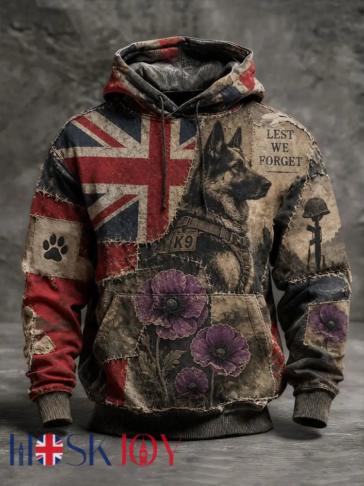 Men’s Lest We Foget Military Dog Print Oversized Drop-Shoulder Hoodie With Pockets - As picture / S