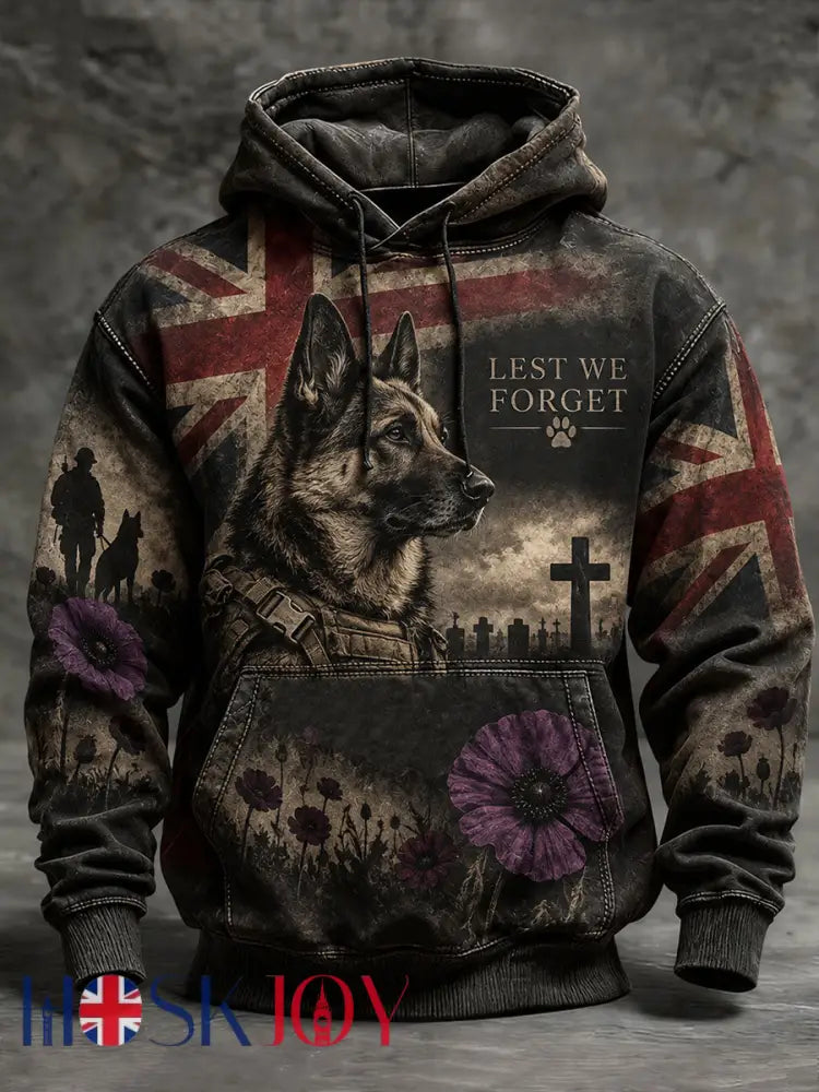 Men’s Lest We Foget Military Dog Print Oversized Drop-Shoulder Hoodie With Pockets - As picture / S