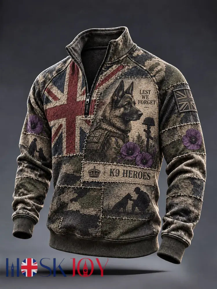Men’s Lest We Foget Military Dog Print Zip-Up Hoodie - As picture / S