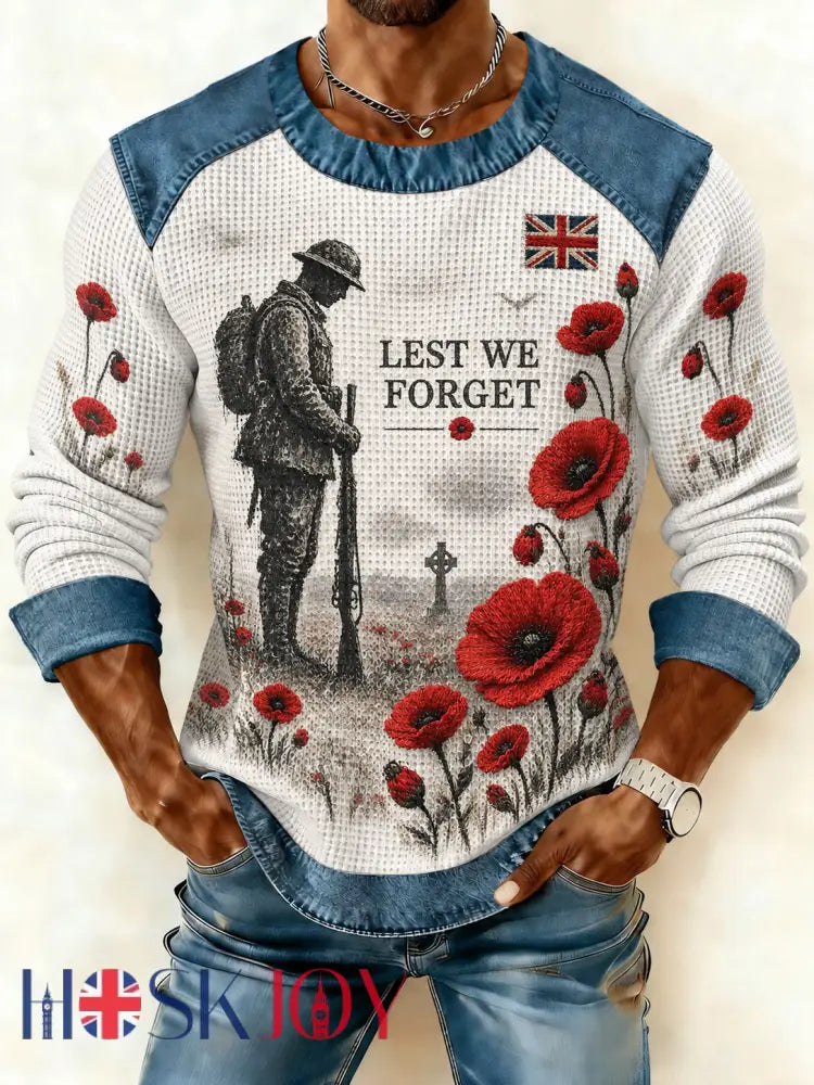 Men’s Lest We Forget Printed Denim Patchwork Waffle Sweatshirt - White / S