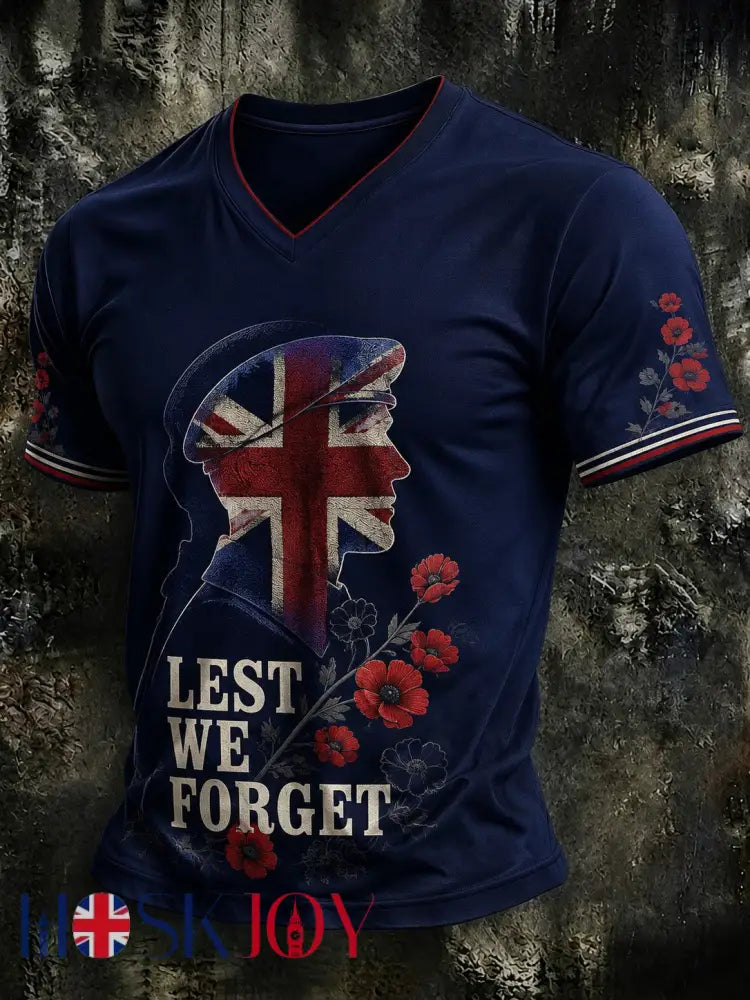Men’s Lest We Forget Printed V-neck T-shirt - Navy Blue / S