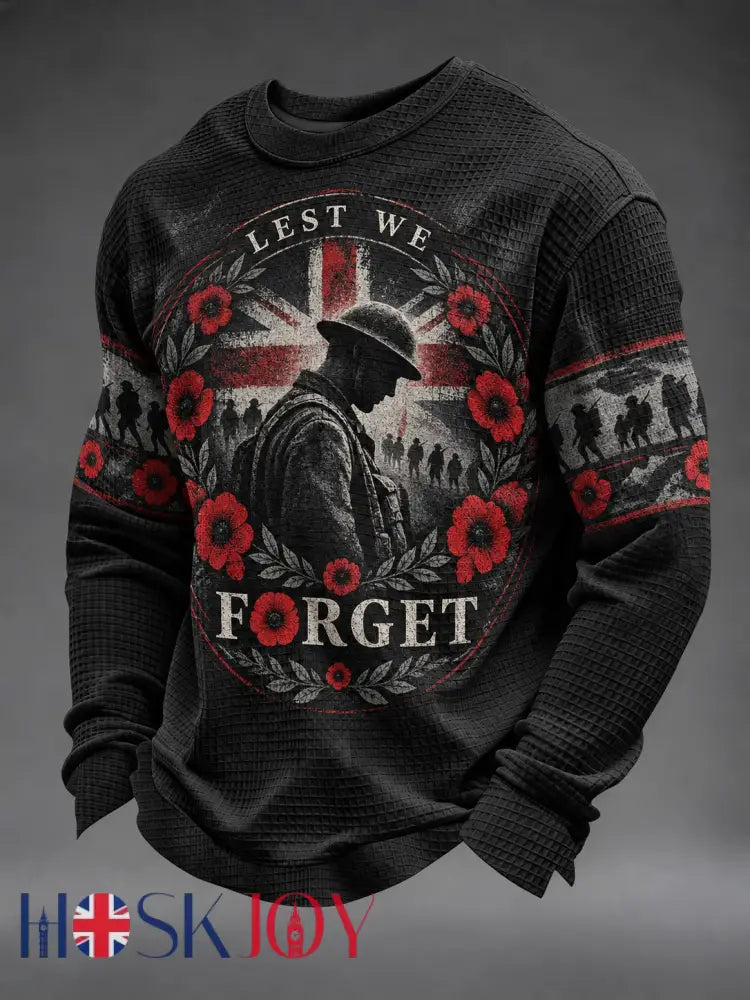 Men’s Lest We Forget Printed Waffle Long Sleeve T-Shirt - Black / S
