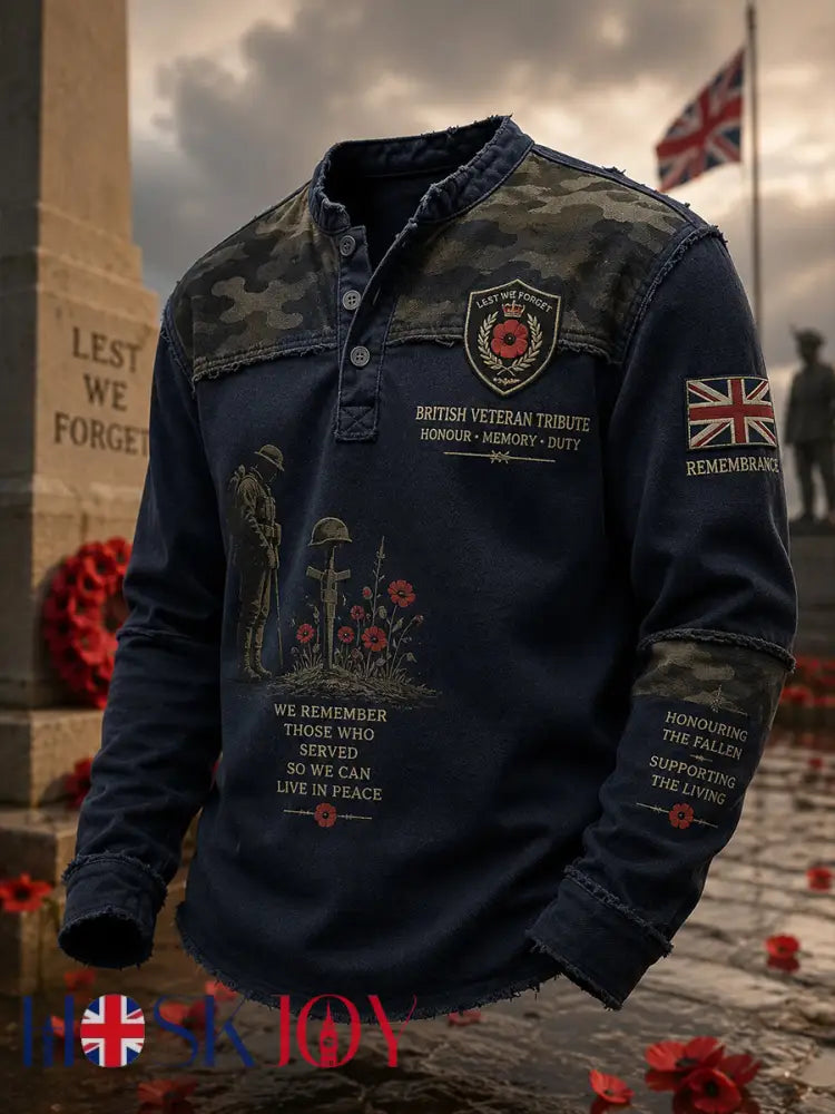 Men’s Long-Sleeve Top With Vintage Veteran Commemorative Print - A / S
