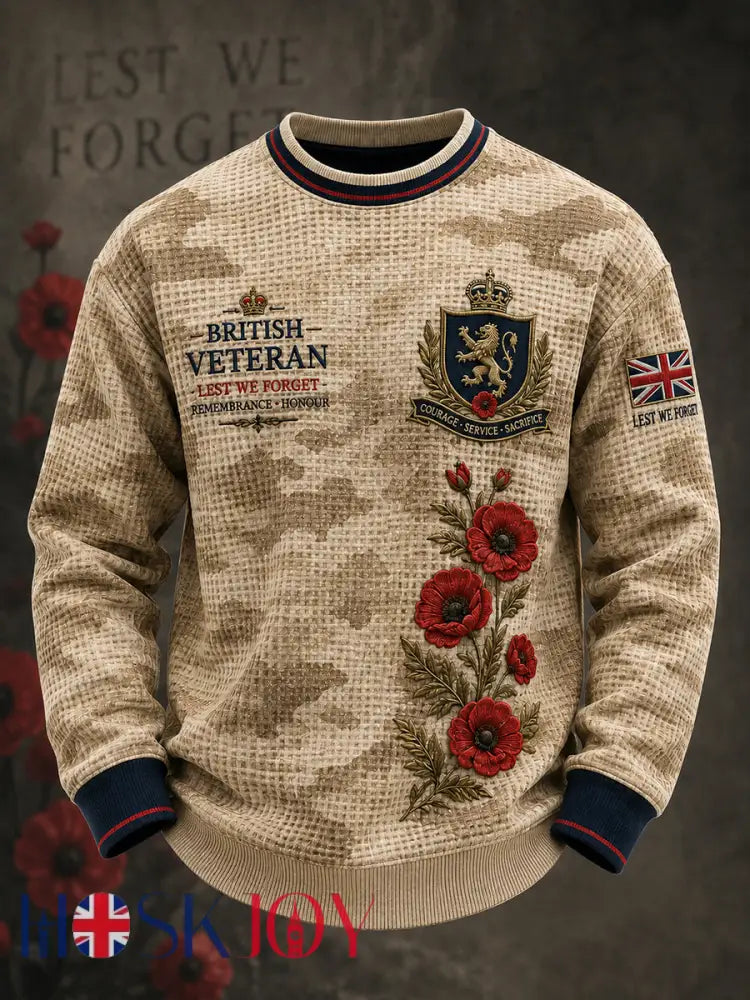 Men’s Long-Sleeve Waffle-Texture T-Shirt With Vintage Camouflage And Military-Inspired Graphic Print - A / S