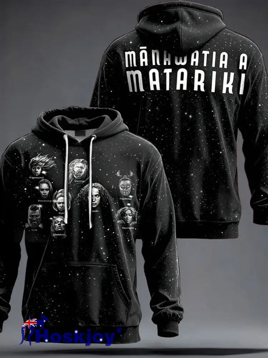 Men’s Maori Art Matariki Printed Hoodie - Black / S