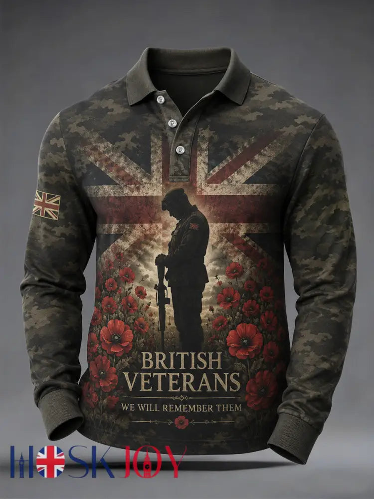 Men’s British Veterans Memorial Print Casual Long Sleeve Polo - Army Green / S
