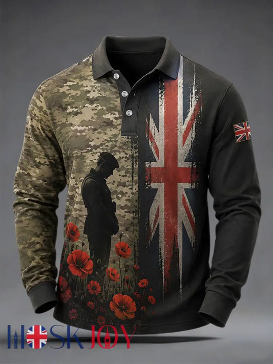 Men’s British Veterans Memorial Print Casual Long Sleeve Polo - Army Green / S