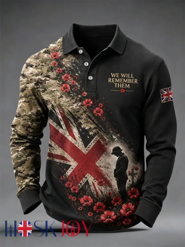Men’s British Veterans Memorial Print Casual Long Sleeve Polo - Black / S