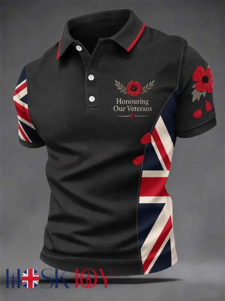 Men’s British Veterans Memorial Print Casual Polo - Black / S