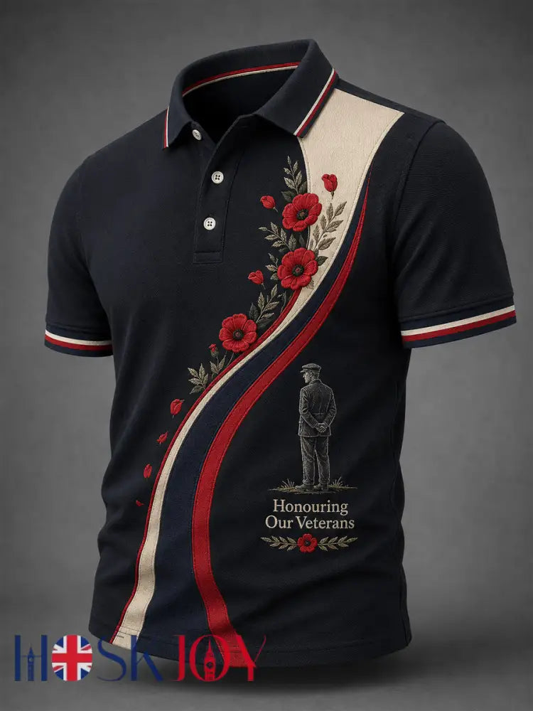 Men’s British Veterans Memorial Print Casual Polo - Black / S