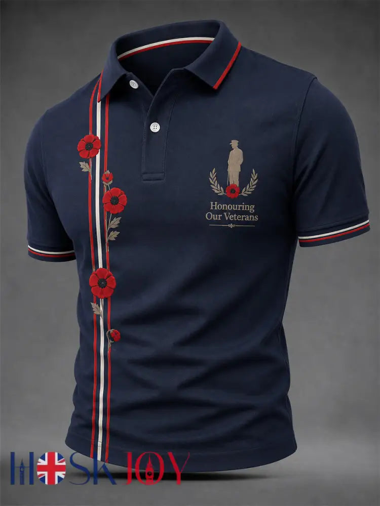 Men’s British Veterans Memorial Print Casual Polo - Navy Blue / S