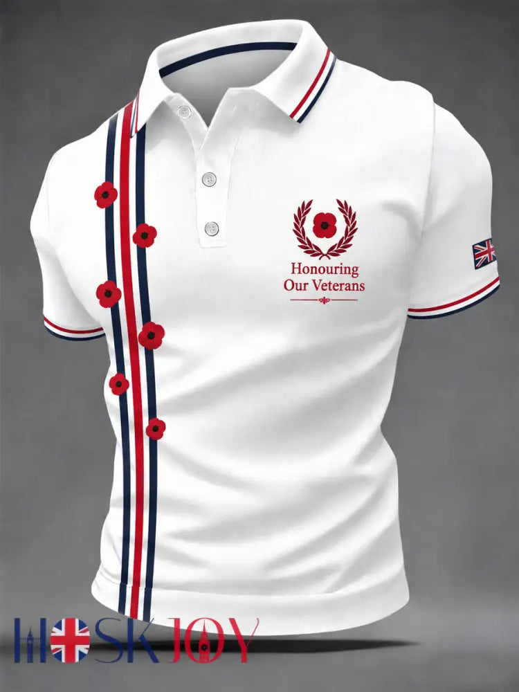 Men’s British Veterans Memorial Print Casual Polo - White / S